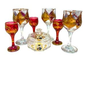 Set of 7 Vintage Naser Al-Din Shah Qajar Persian Czar Red/Gold Glasses & Dish